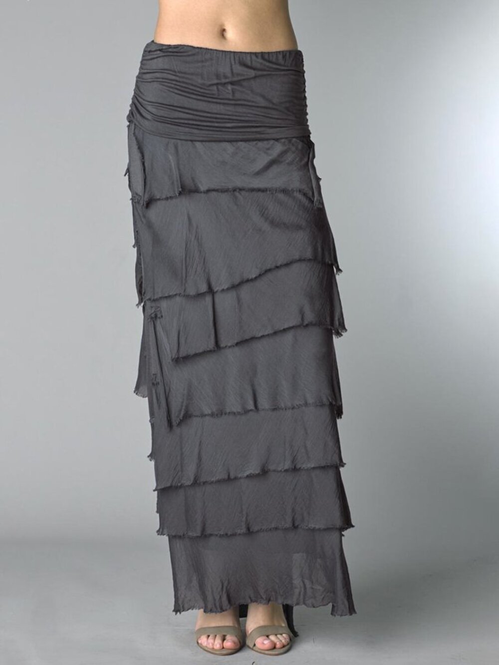 Tempo Paris Silk Tiered Maxi Skirt Size S Charcoal